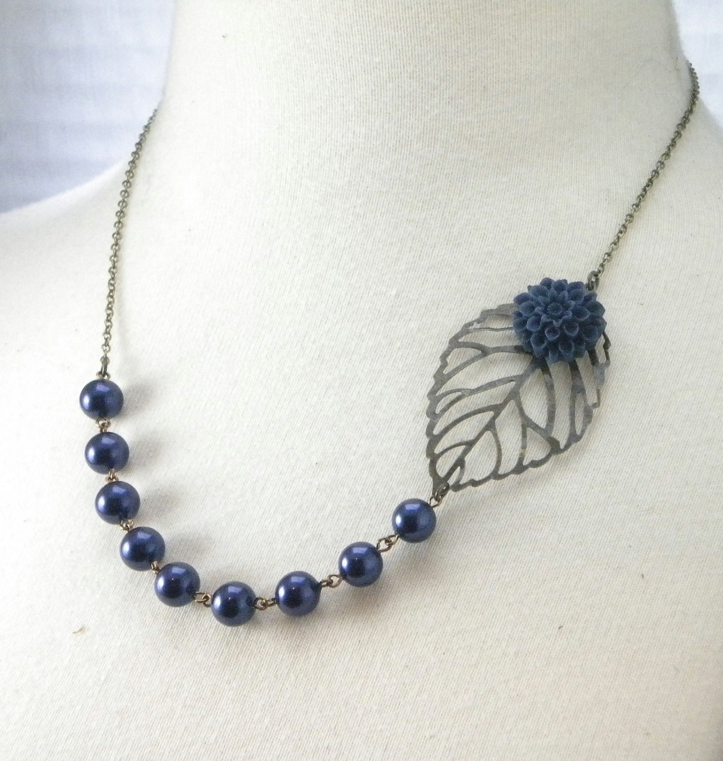 Navy Blue Flower and Brass Filigree Leaf Bridesmaids Wedding Necklace