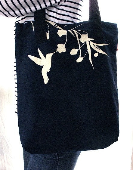 SALE Navy Blue Hummingbird with Eucalyptus Shoulder Tote Bag