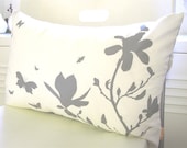 Limited Time Sale Grey Print on Off White Cotton Magnolia and Butterflies Rectangle Pillow