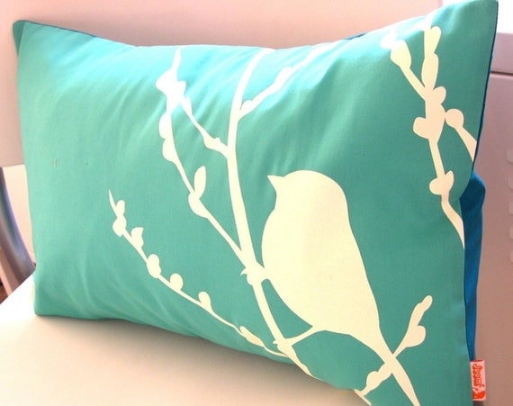 Sale Mint Green Bird on Cherry Blossom Pillow