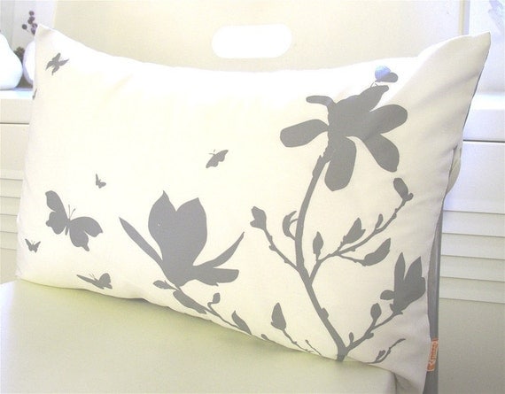Limited Time Sale Grey Print on Off White Cotton Magnolia and Butterflies Rectangle Pillow