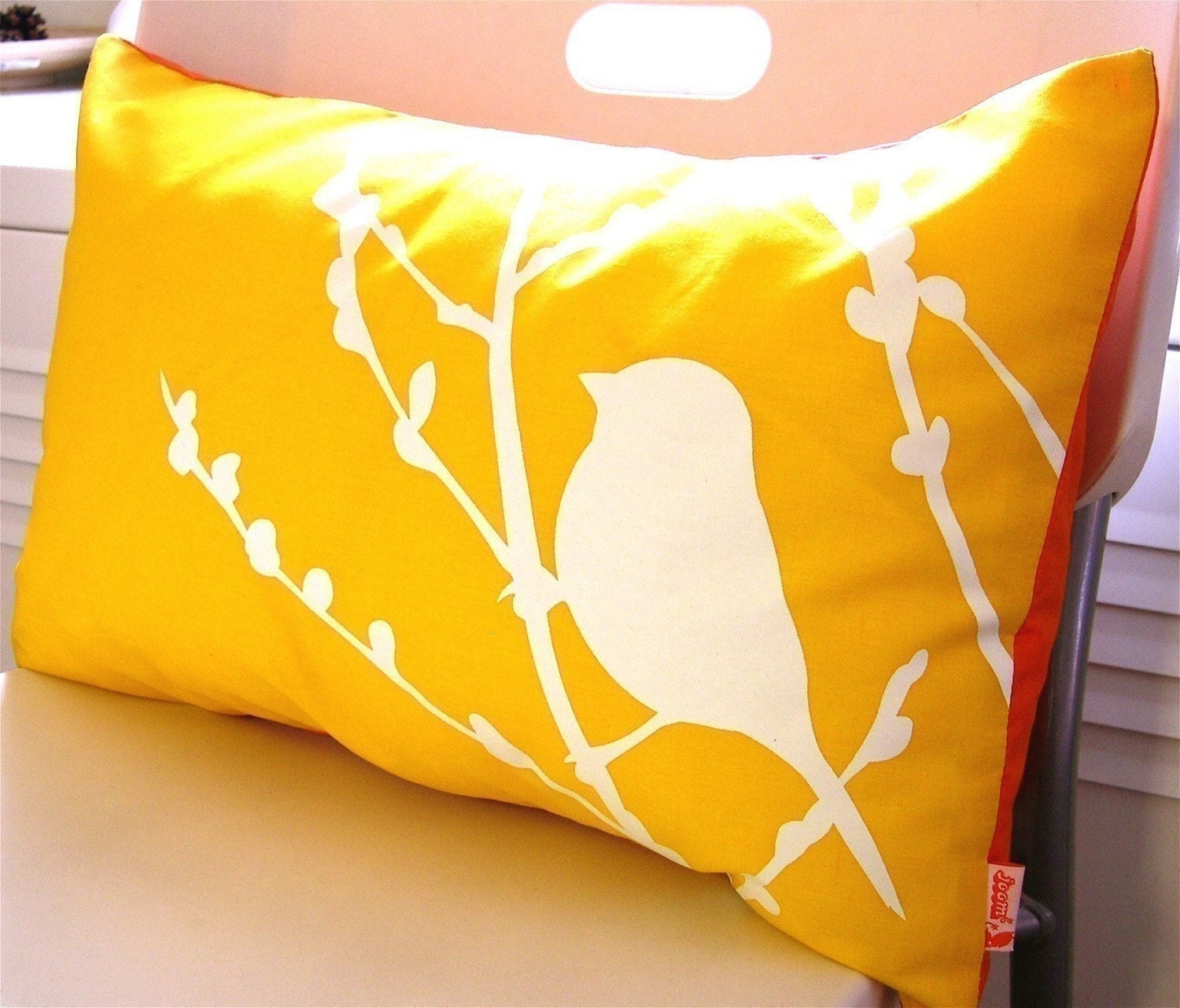 Yellow Bird on Cherry Blossom Pillow