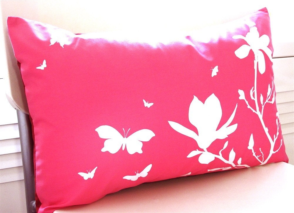 Hot Pink Magnolia and Butterfies Rectangle Pillow