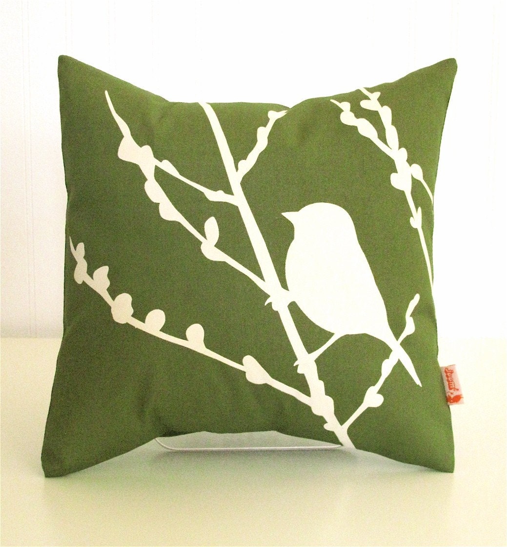 Olive Green Bird on Cherry Blossom - Mini 10.5 Inches Square Pillow