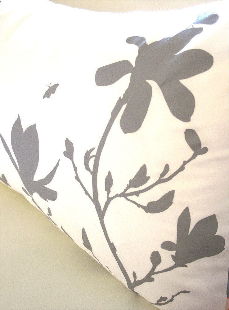 Limited Time Sale Grey Print on Off White Cotton Magnolia and Butterflies Rectangle Pillow