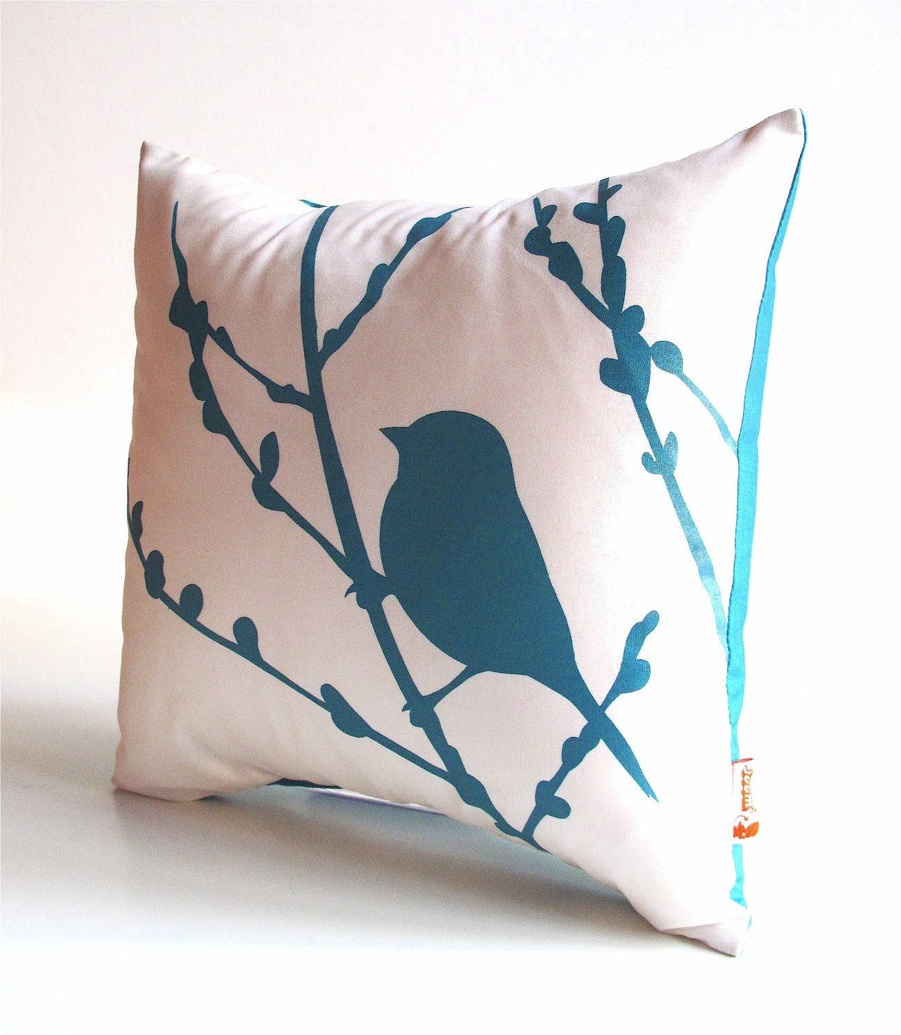 Teal Print on White Cotton Bird on Cherry Blossom - Mini 10.5 Inches Square Pillow