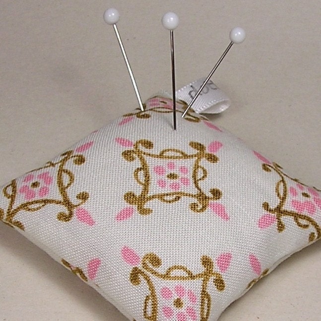 Emery Pincushion / Pin Cushion -  Keeps Pins Sharp - Pink Flowers with Gold Scrolls