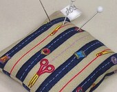 Emery Pincushion / Pin Cushion - Navy and Tan Striped with Sewing Motifs