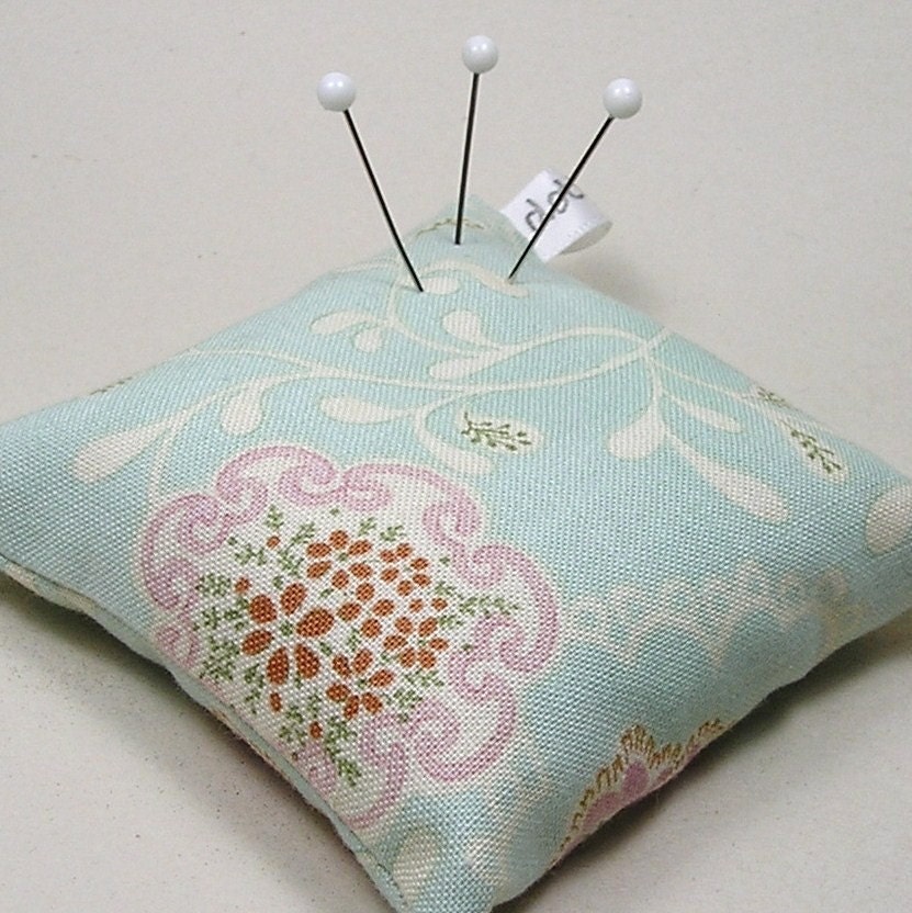 Large Emery Pincushion / Pin Cushion - Light Blue with Rose Pink Flowers