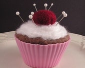 Cupcake Pincushion / Pin Cushion - Chocolate with Emery Cherry in Pink Liner