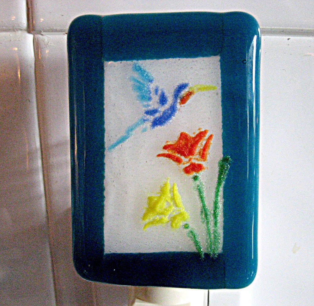 Fused Glass Night Light - Hummingbird Flowers Glass Nightlight