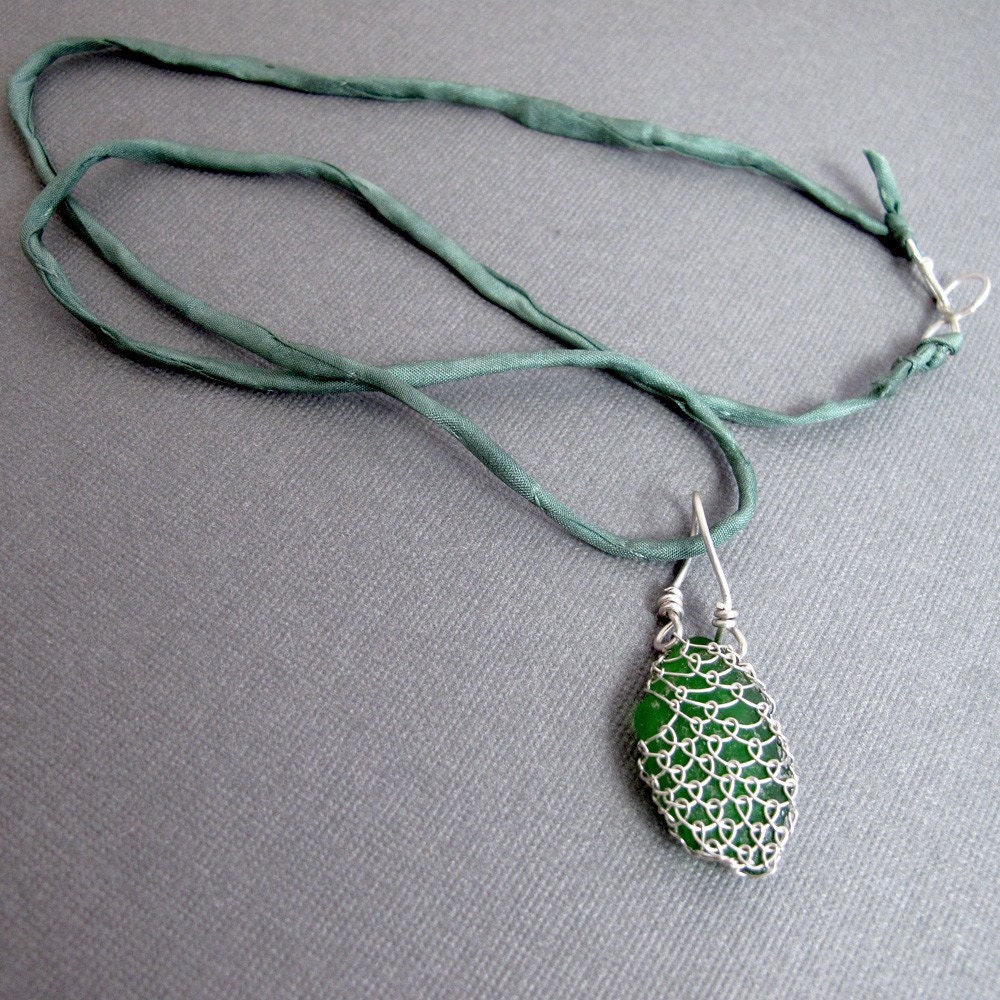 Netted Sea Glass Necklace - Silver, Silk, and Glass