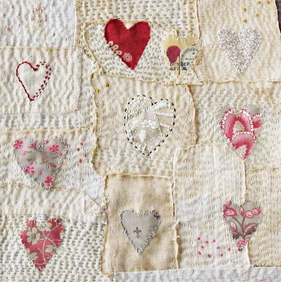 Art quilt, patchwork, embroidered, stitched cloth, Hearts