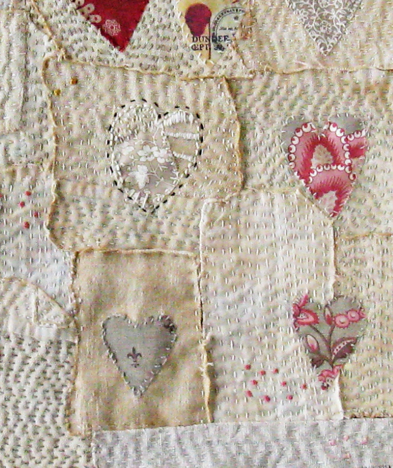 Art quilt, patchwork, embroidered, stitched cloth, Hearts