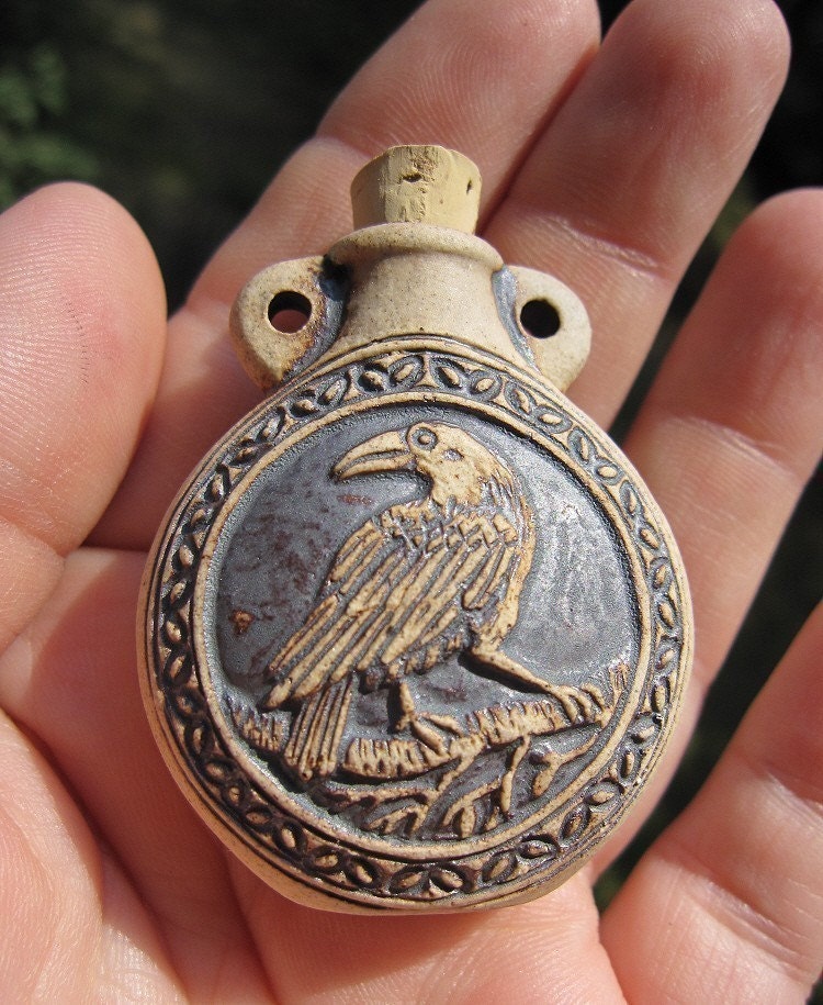 High Fired Stoneware BOTTLE Pendant CELTIC RAVEN double sided glazed inside
