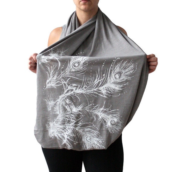 Gray Double Wide Infinity Scarf with White Feathers by