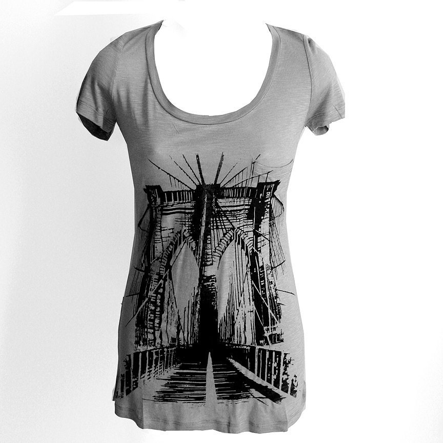 Gray Slub Scoop Neck Long Tee with Brooklyn Screenprint - Large