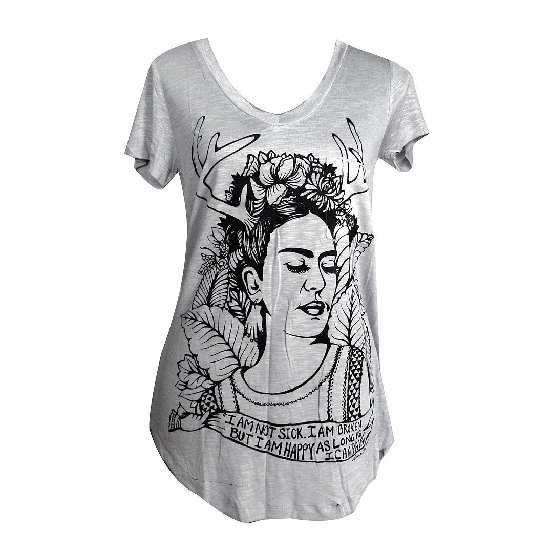 Gray Slub V Neck Long Tee with Frida Kahlo Screenprint - Medium