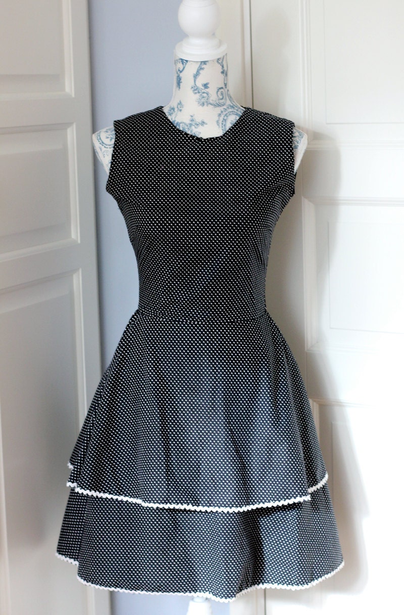 Black polka dot dress with rickrack, 60s