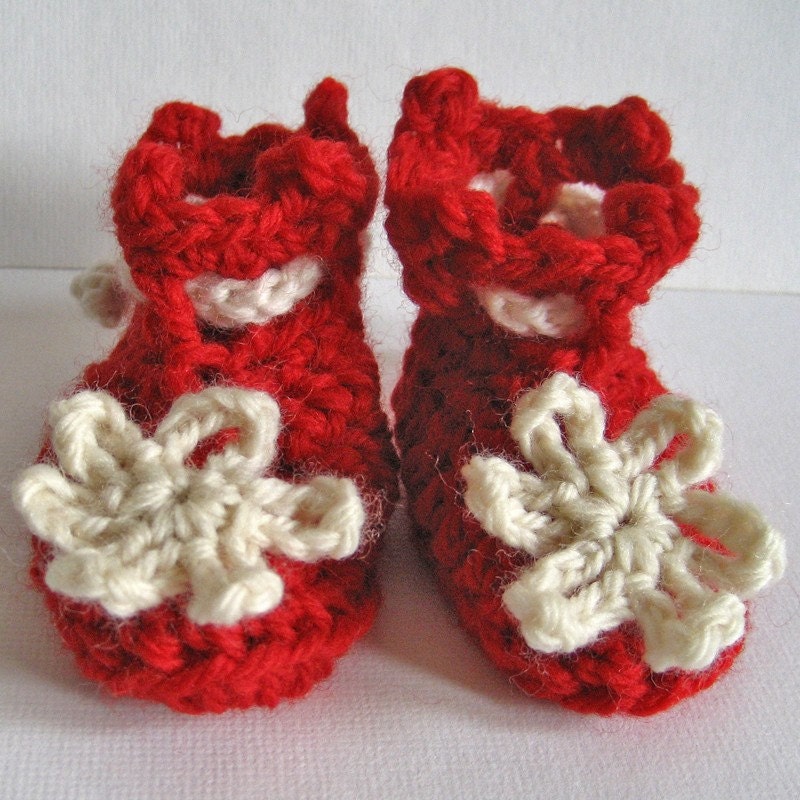 Red Baby Christmas Booties with Flowers