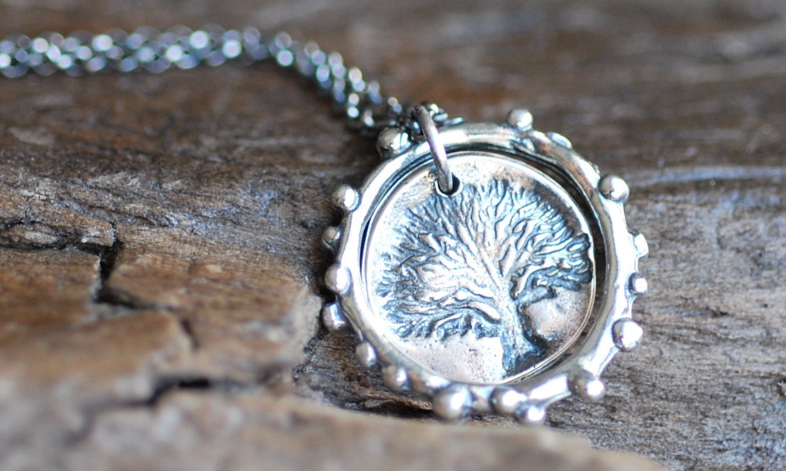 Sterling Silver Rustic Tree Necklace . Recycled Circle Pendant Drop Handmade Jewelry Gift Holiday