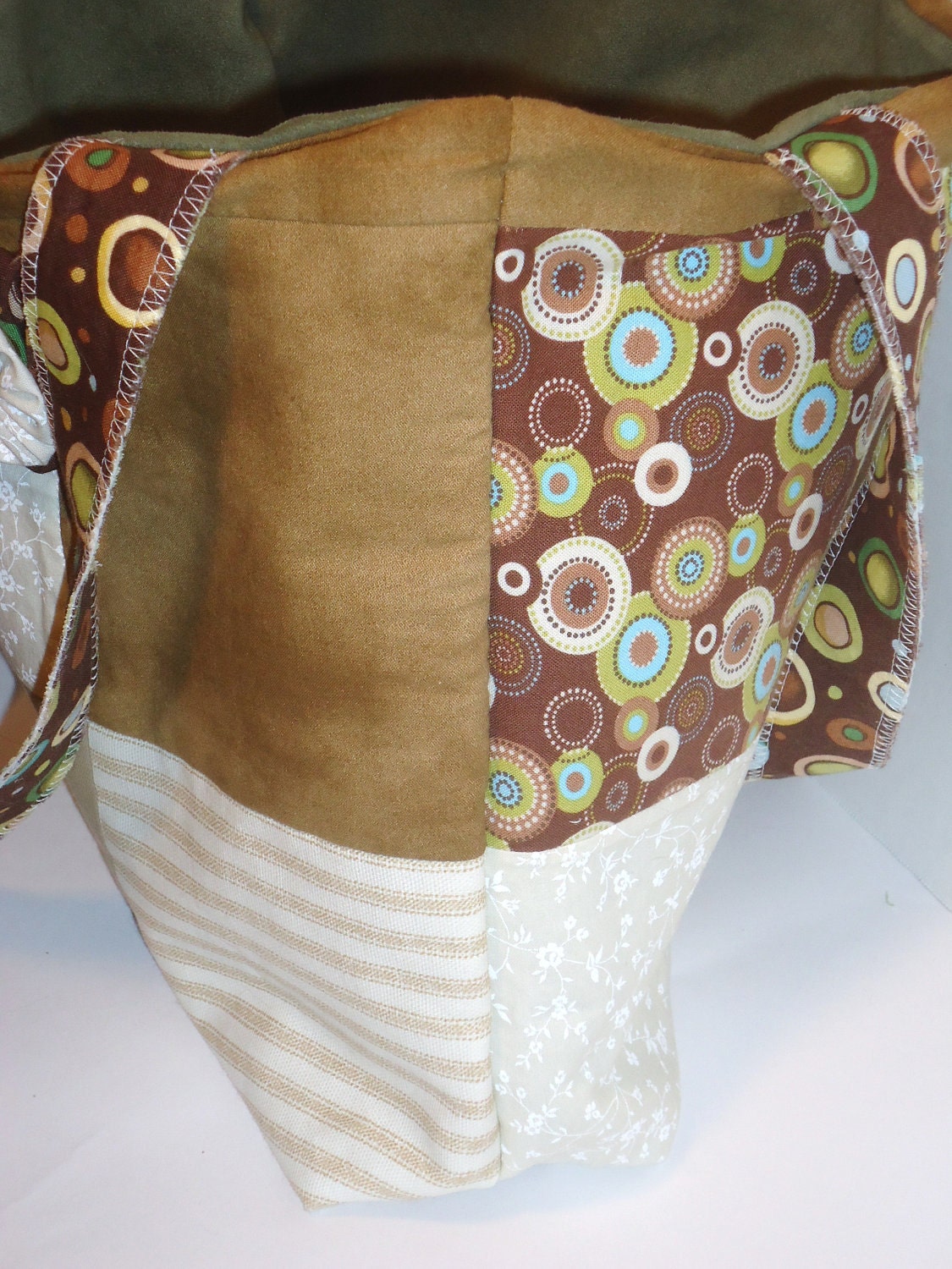 Patchwork Tote Market Bag Beige Brown Green Circles Stripes SALE