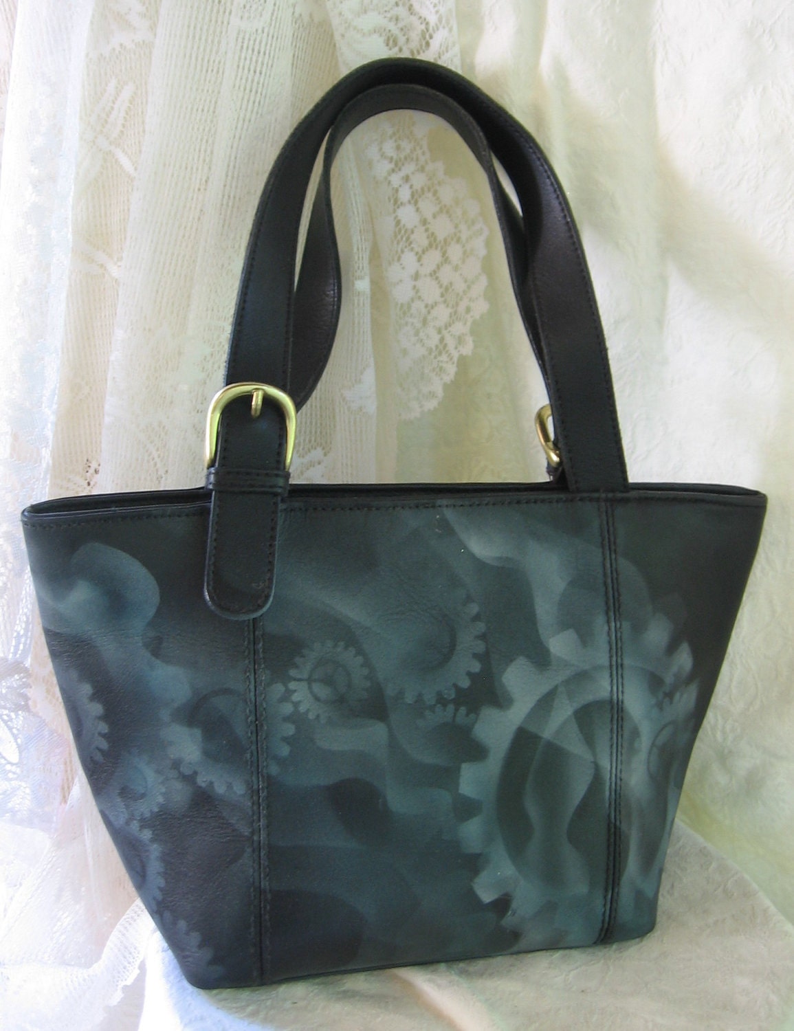 black faux leather handbag steampunk billowing steam smoke hand painted airbrush