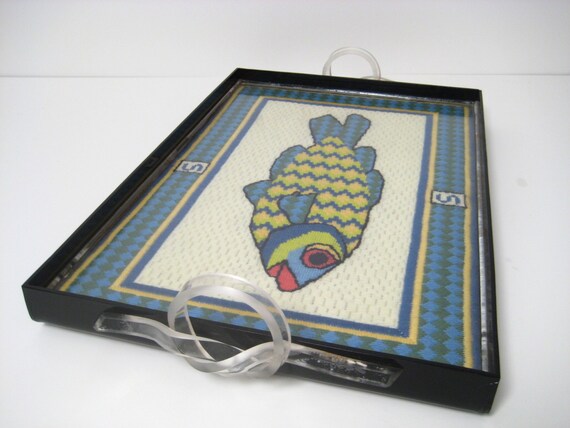 Lucite Serving Tray Inlaid Needlepoint Fish by YouAreElectric