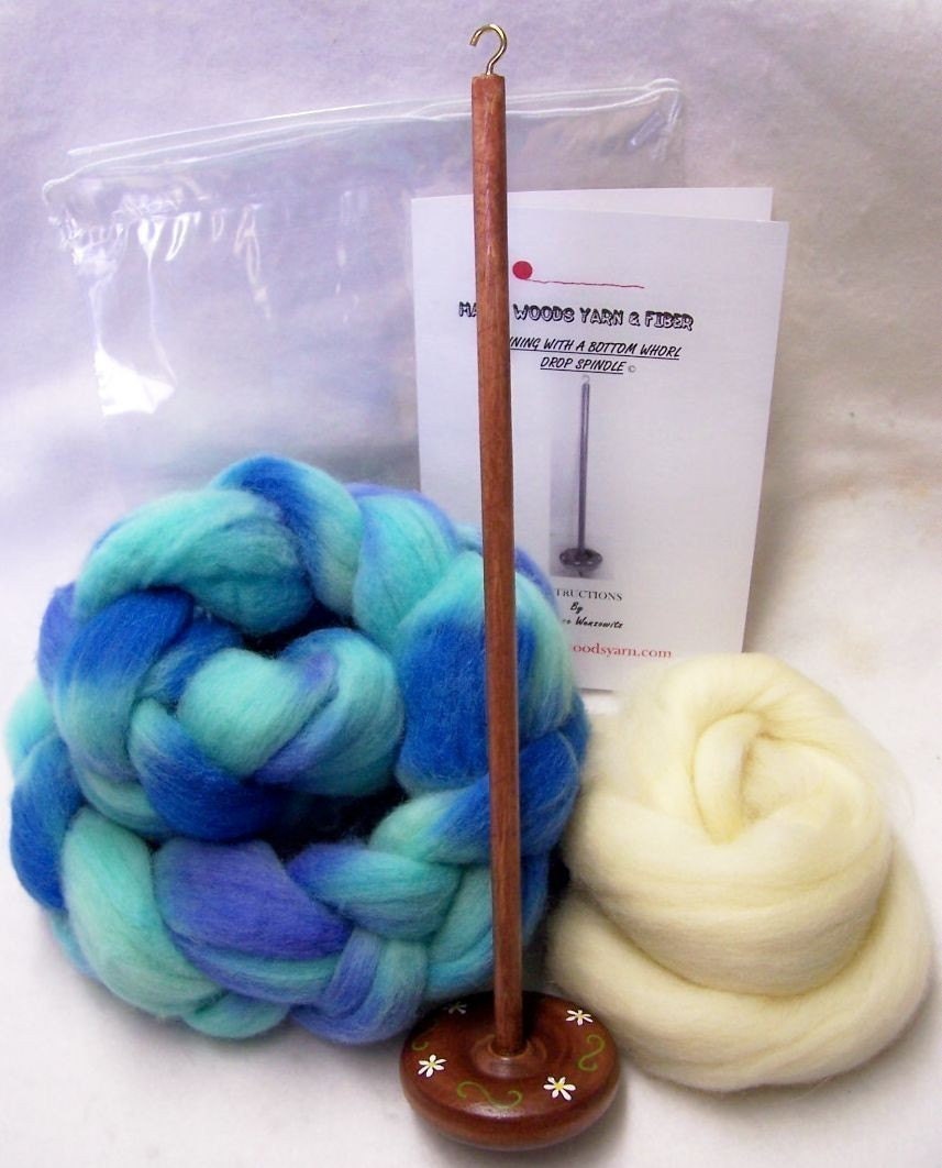 Large Drop Spindle Maple Wood Yarn Spinning Kit Colorway, Biloxi Blues