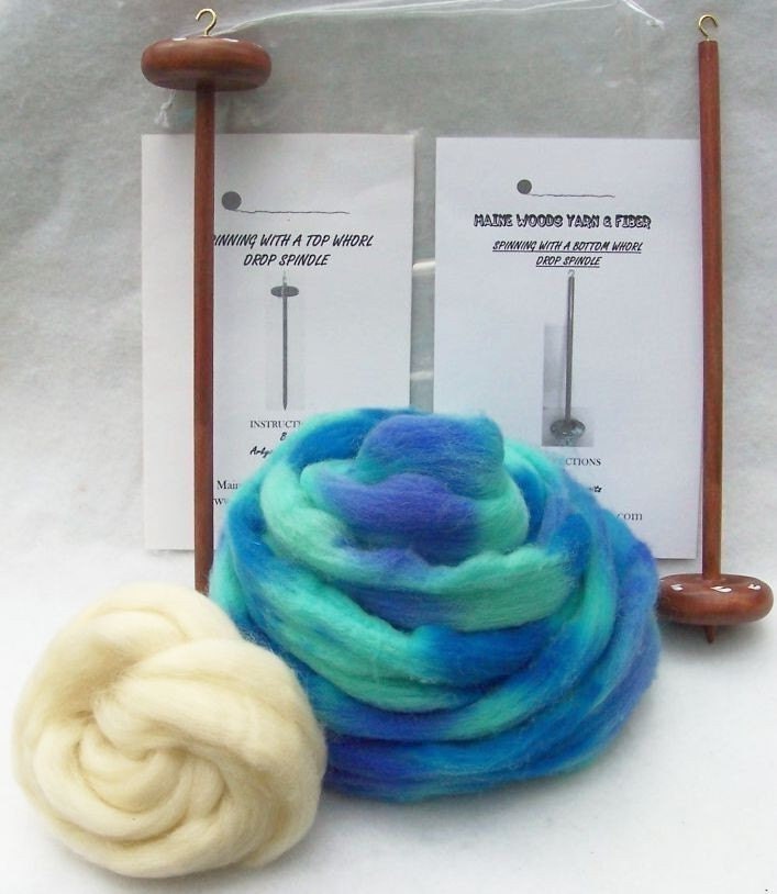 Drop Spindle Yarn Spinning Kit, Biloxi Blues, With Both Top and Bottom Whorl Spindle