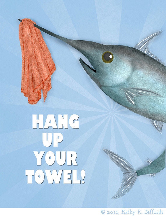 Blue Bathroom Wall Art For Kids Ocean Themed Hang Your Towel Swordfish Art Print For Children's Bathroom