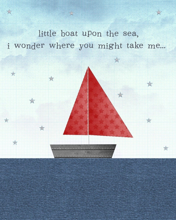 Red And Blue Little Boat On The Sea Print Sailboat Art For Nautical Or Transporation Themed Little Boy's Room or Baby Boy Nursery