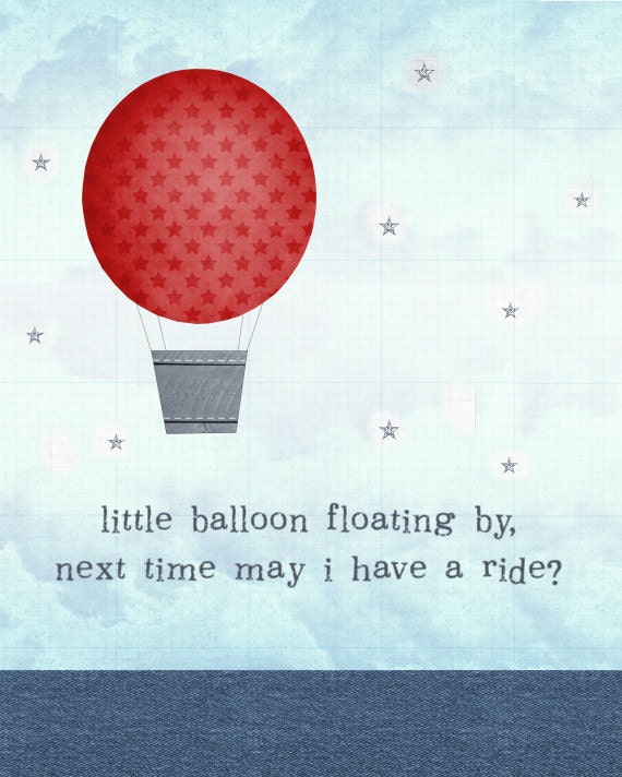Hot Air Balloon Art Print - Red And Blue Wall Art For Little Boy's Room or Baby Boy Nursery - Hot Air Balloon In A Starry Sky