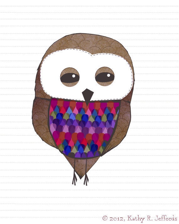 Cornelius The Owl Art Print- A Brown Owl Accented With Bold, Bright Colors (Reds, Royal Blue, Fuchsia, Purples), Quirky Owl Illustration