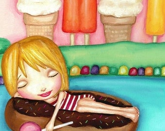 Little Blonde Girl Having A Sweet Dream Bright Colorful Whimsical Nursery Art