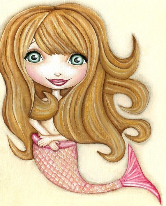 Mermaid Wall Art - Cute Print Of Blonde Big Eyed Mermaid With Pink Tailfin