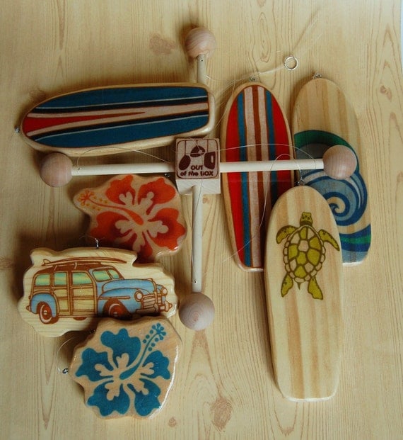 Baby Crib Mobile - Baby Mobile - Surf or Beach Baby Nursery - Woody Car and Surf Boards (Bright Beach Colors)