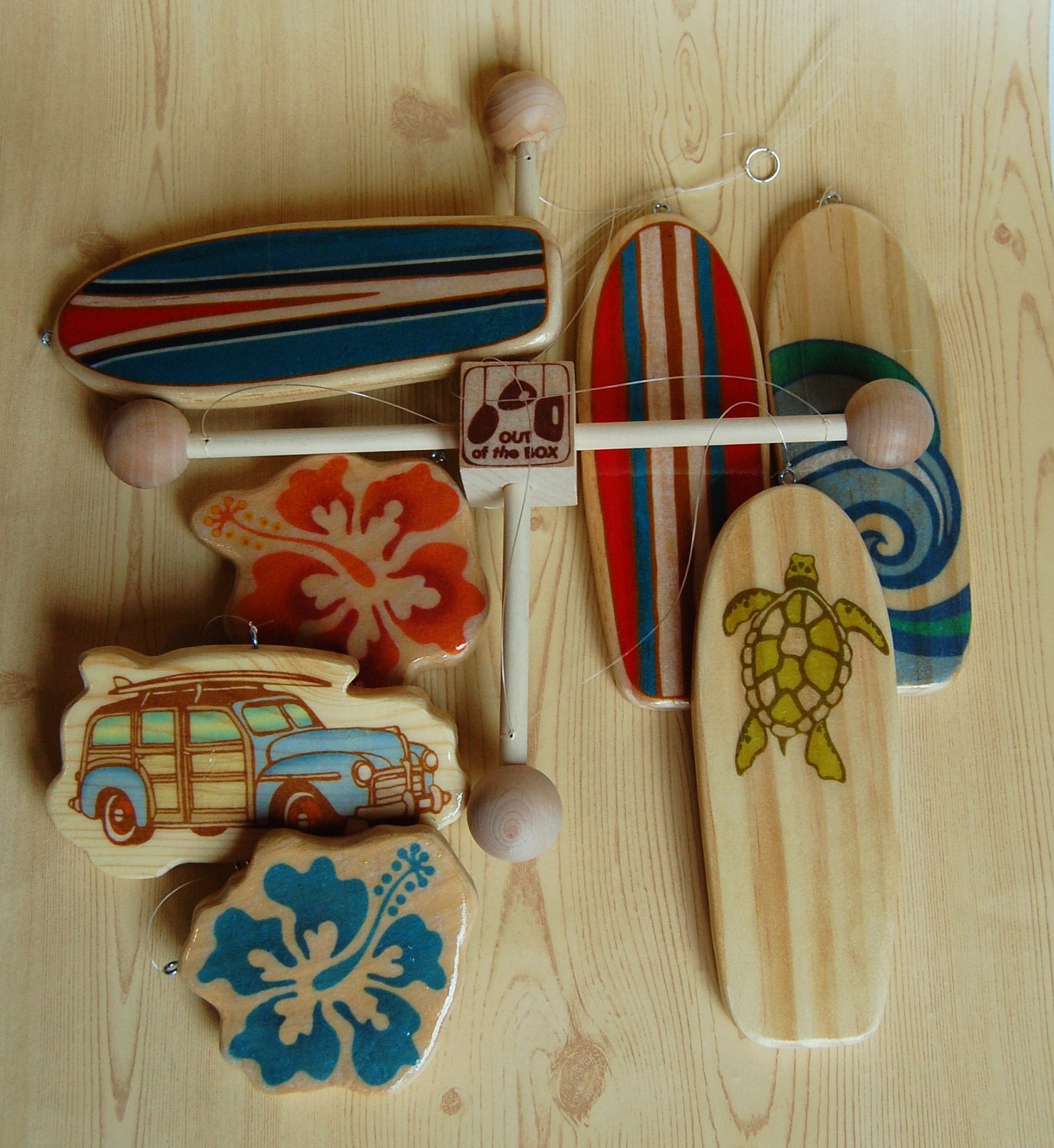 Baby Crib Mobile - Baby Mobile - Surf or Beach Baby Nursery - Woody Car and Surf Boards (Bright Beach Colors)