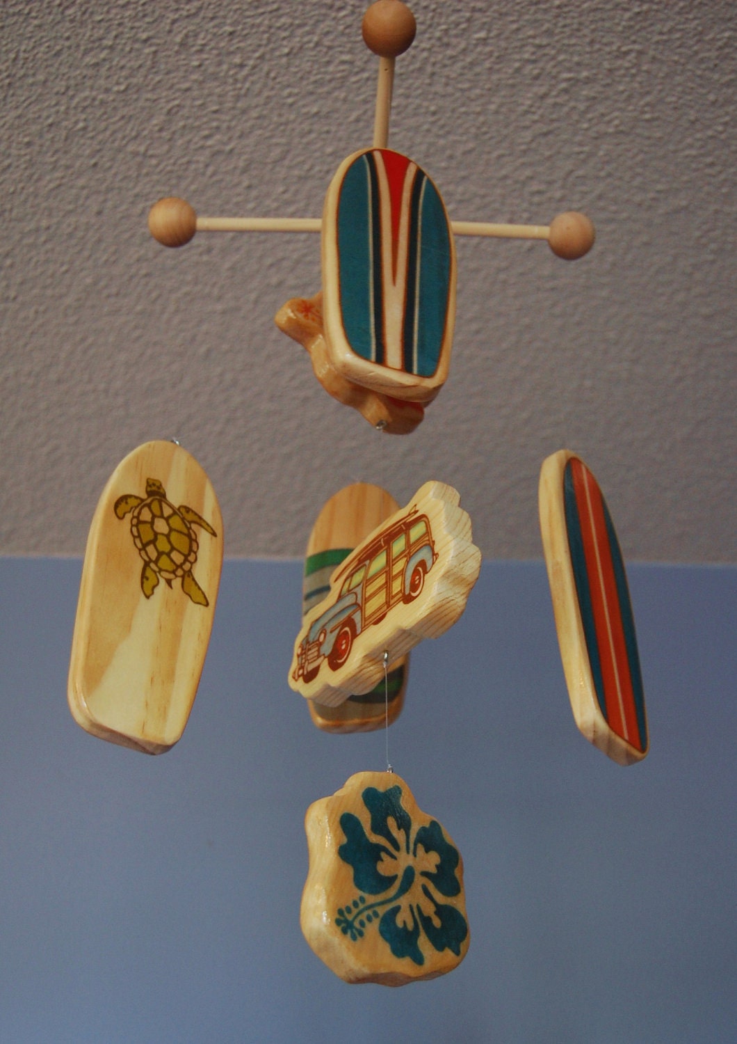 Baby Crib Mobile - Baby Mobile - Surf or Beach Baby Nursery - Woody Car and Surf Boards (Bright Beach Colors)