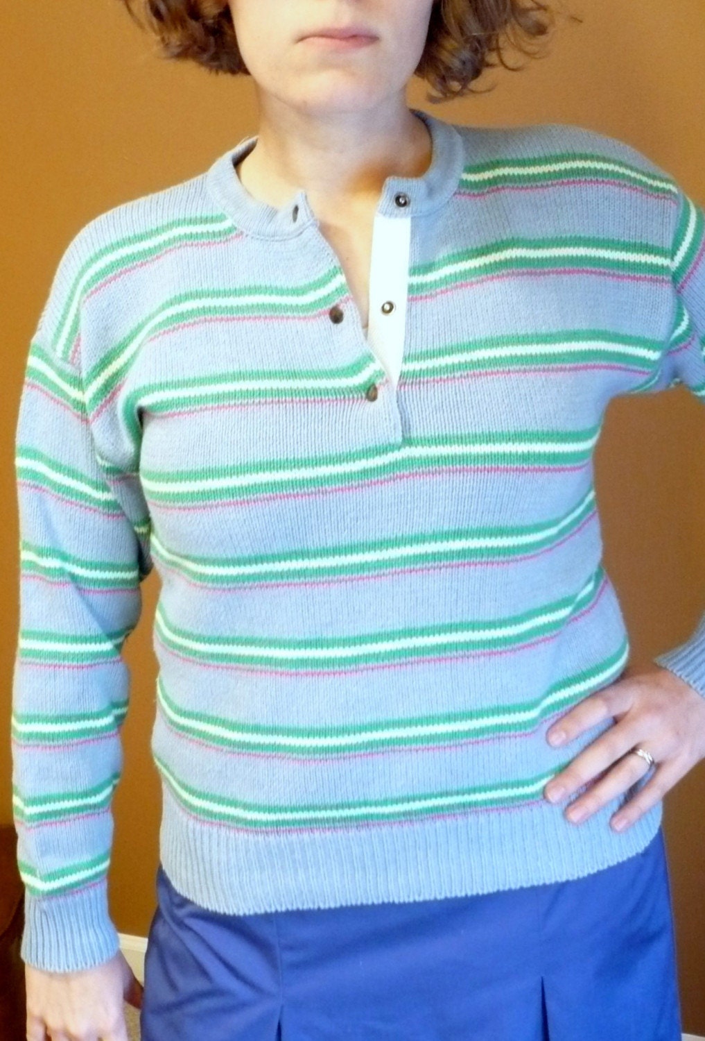 REDUCED Vintage Blues Greens Pinks Cotton Henley Sweater
