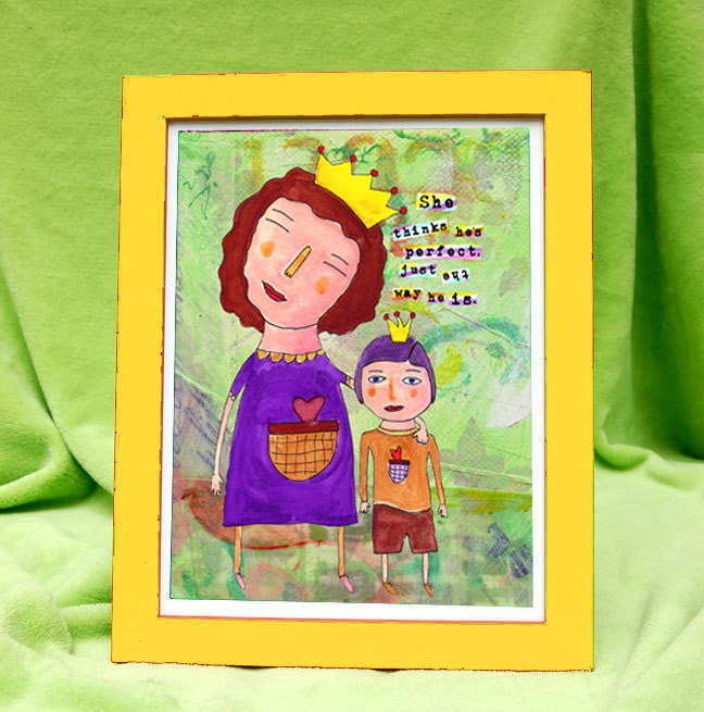 FOLK ART PRINT. She Thinks He's Perfect, Just the Way He Is. For Moms of boys on the autism spectrum. It's for boys with regular needs too.