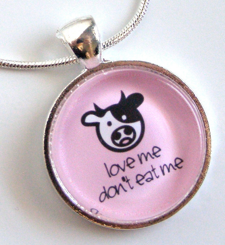 Love Me Don't Eat Me vegetarian necklace glass pendant cow pink vegan