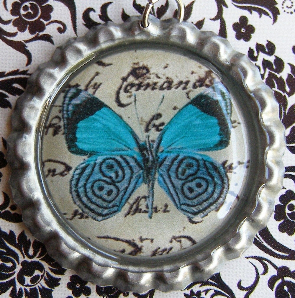 Blue Butterfly Bottle Cap Pendant