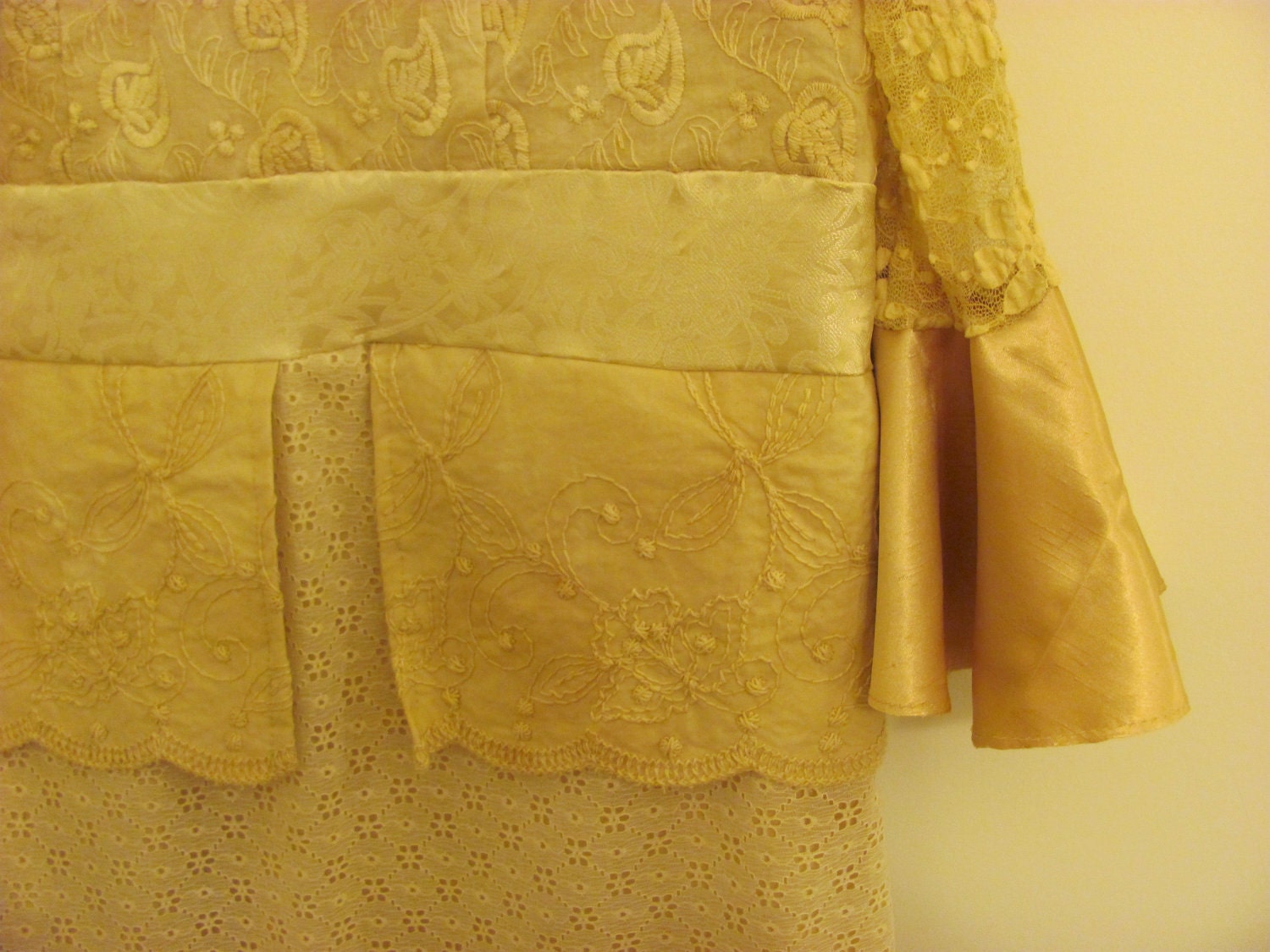 Tea Dyed  Lace Brocade Vintage 60's Inspired Wedding Dress Bohemian Short Mini Hippie Plus Size 14-16