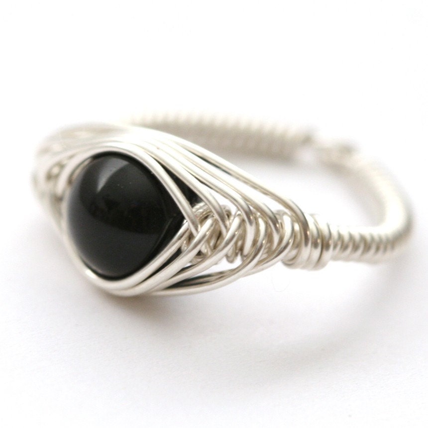 Black Onyx Wire Wrapped Sterling Ring Size 7 rw025