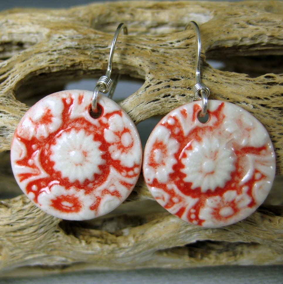 Bright Red Daisy Porcelain Earrings With Sterling Silver Earwires