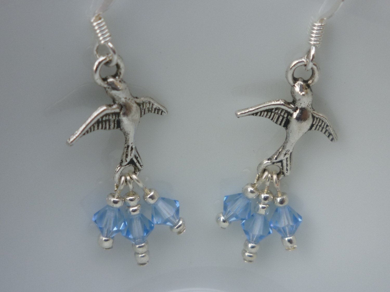 Silver Bird in Flight and Blue Crystal Earrings