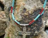 Coloring Outside the Lines Turquoise and Coral Necklace with Silver Cross
