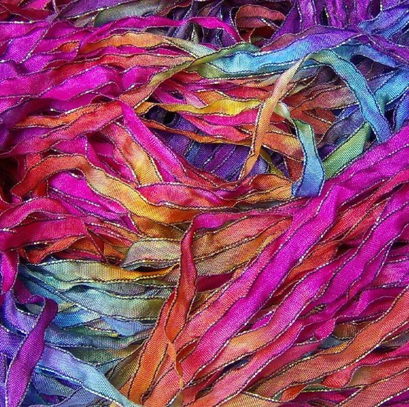 Hand Dyed Ribbon Fiesta Sparkle Black Edge 5 yards