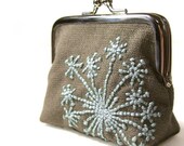 The Adorn Purse (small) - grey/pale olive and light blue - dandelion - hand embroidered